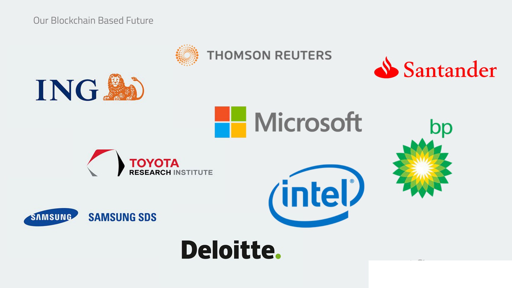 A wall of Enterprise Ethereum Alliance members, including Microsoft, Intel, Santander, ING, BP, Toyota, Samsung SDS and Deloitte.