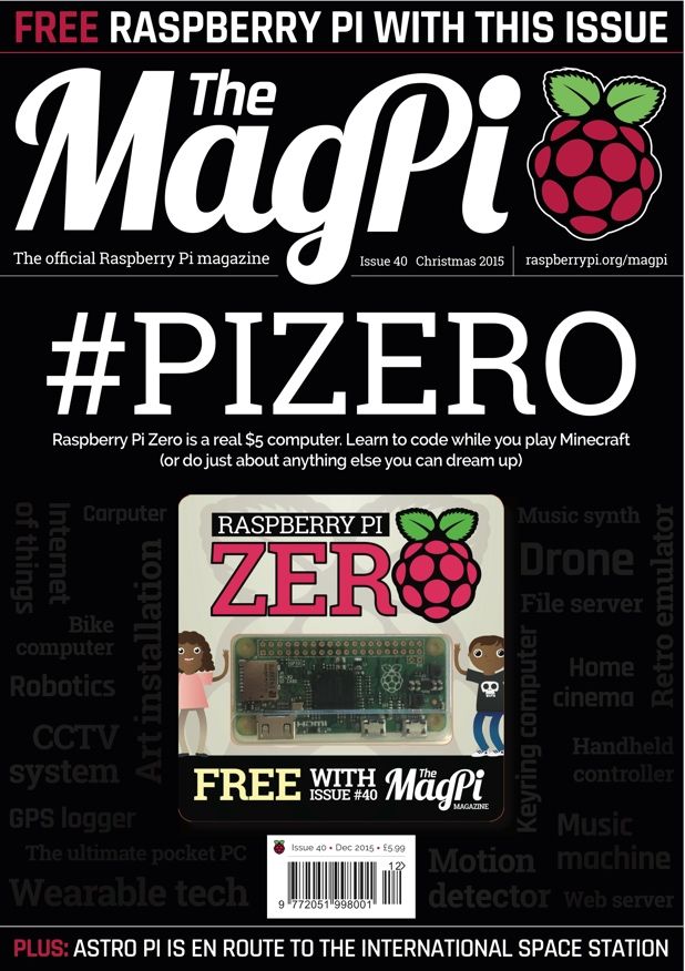 The MagPi magazine cover giving away a free Raspberry Pi Zero.