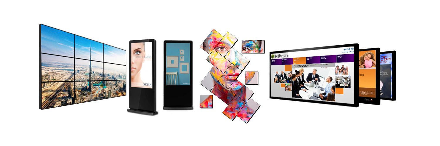 A row of digital out-of-home advertising displays.
