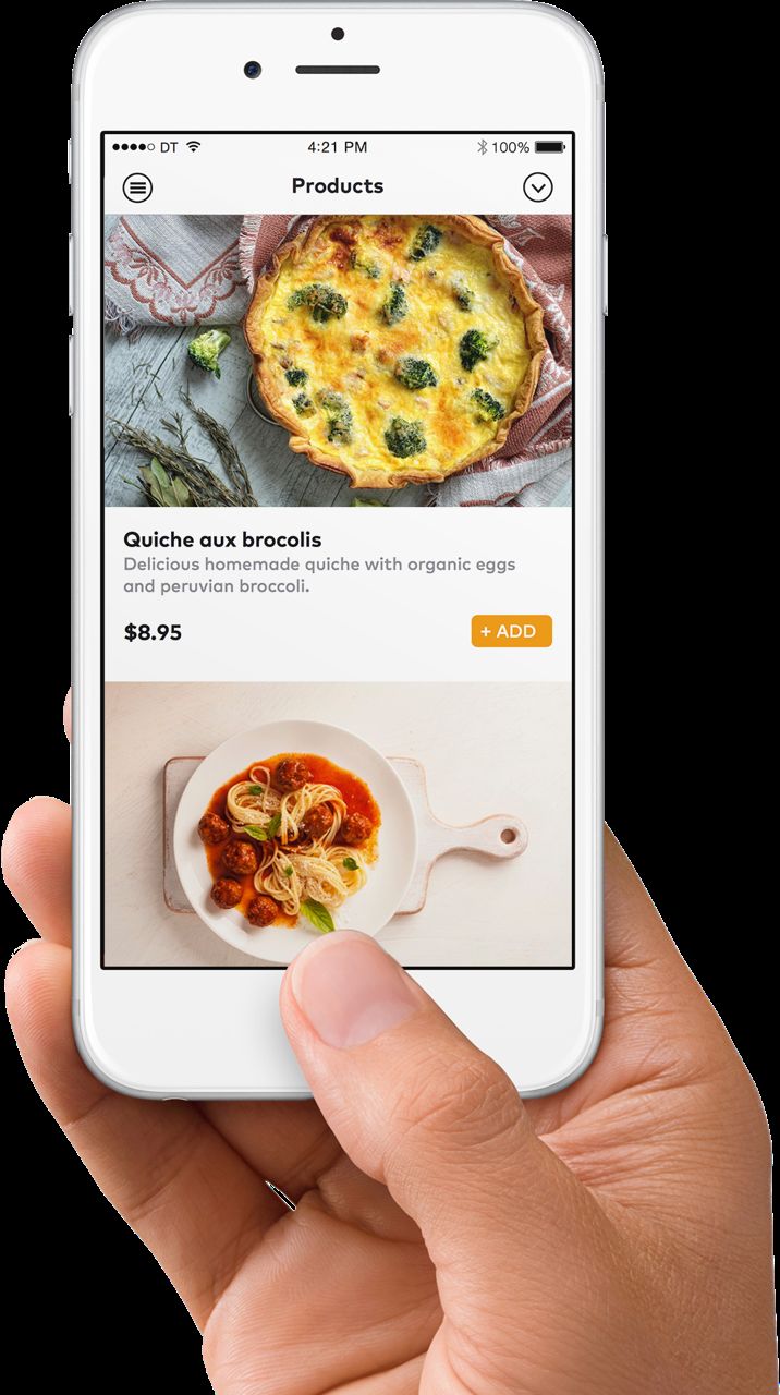 A hand holding a phone showing a food recommendation app.