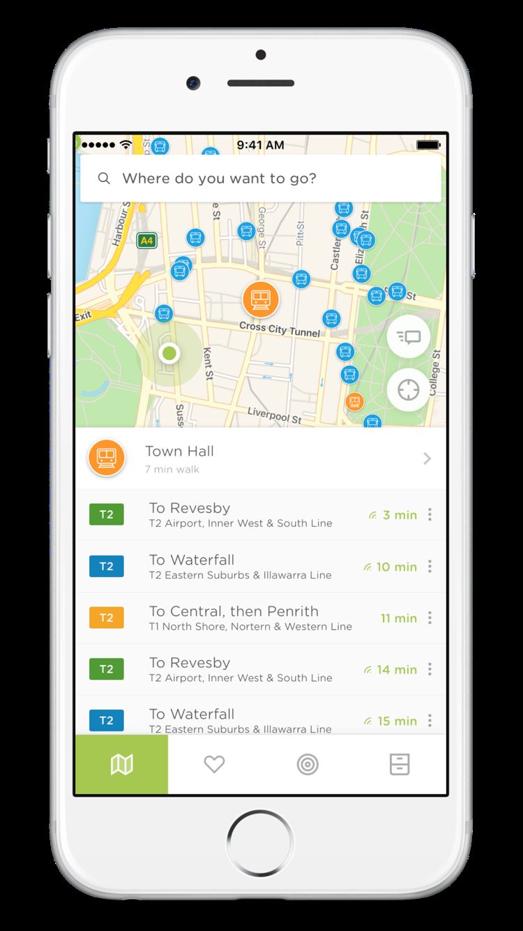 A transit companion app showing a live map and arrivals.
