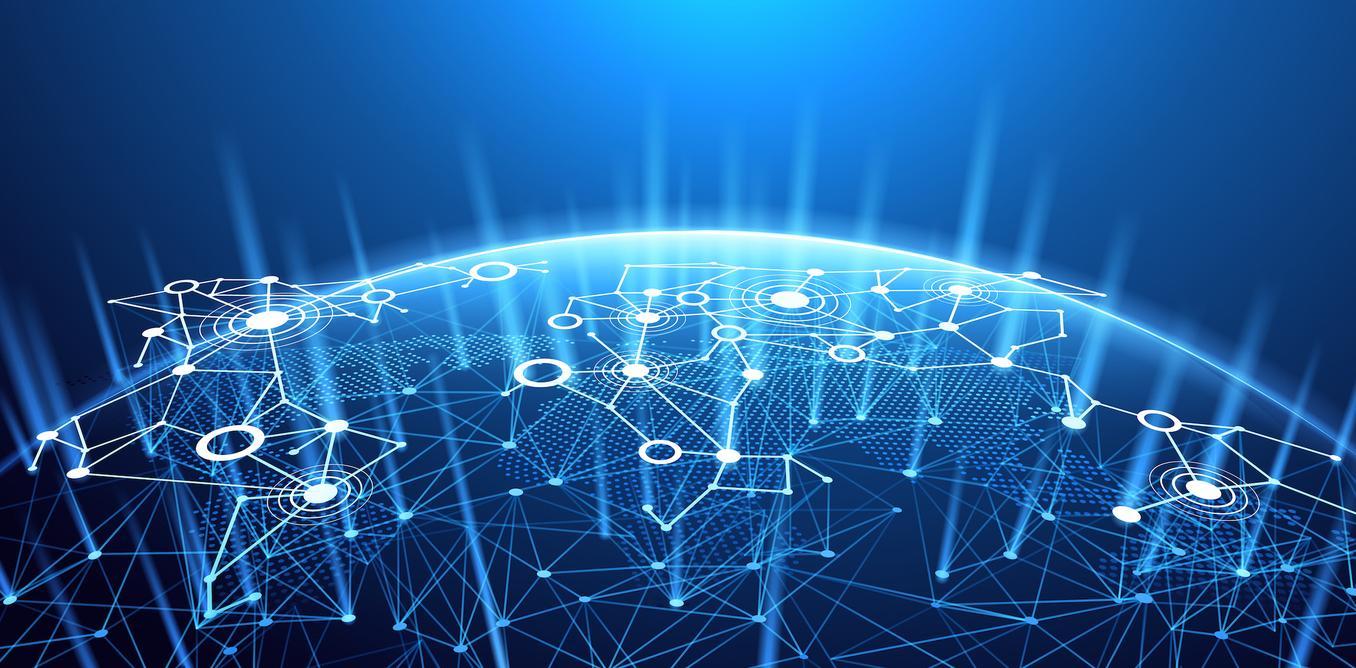 A stylised globe wrapped in a glowing network mesh.