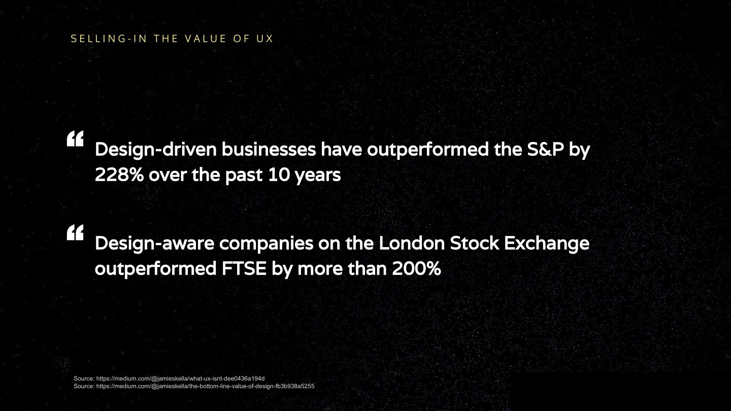 Design-driven businesses have outperformed the S&P by 228% over the past years Design-aware companies on the London Stock Exchange outperformed FTSE by more than 200% Source: https://medium.com/@jamieskella/what-ux-isnt-dee0436a194d…