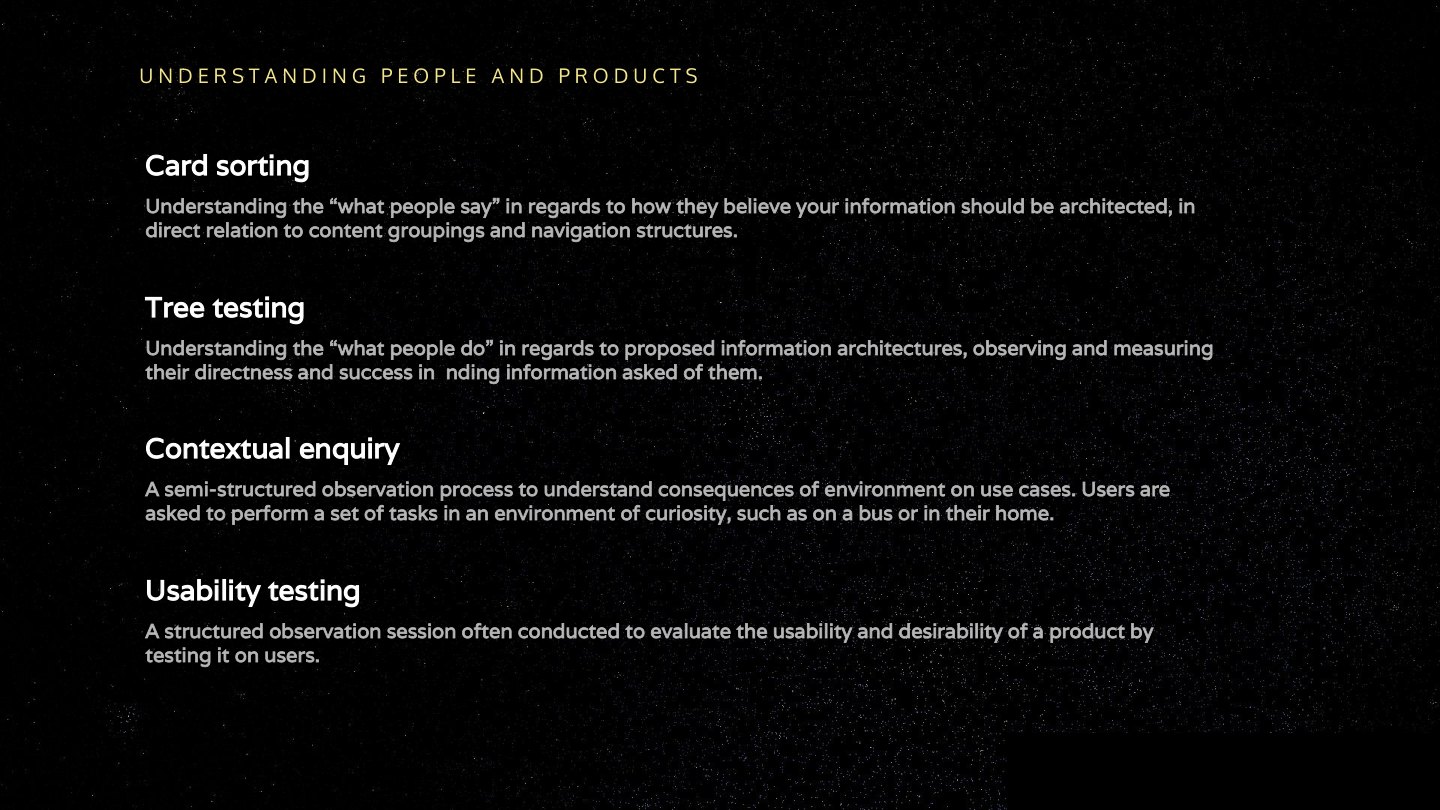 Card sorting Understanding the “what people say” in regards to how they believe your information should be architected, in direct relation to content groupings and navigation structures. Tree testing Understanding the “what people do” in…